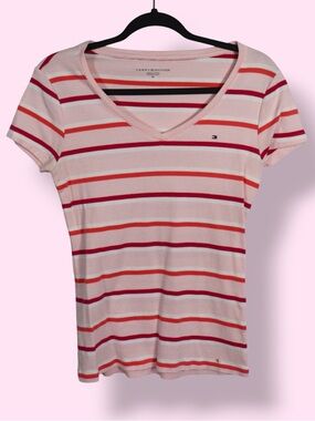 Tommy Hilfiger Striped V-Neck T-Shirt Women’s Medium Pink Red Casual Top